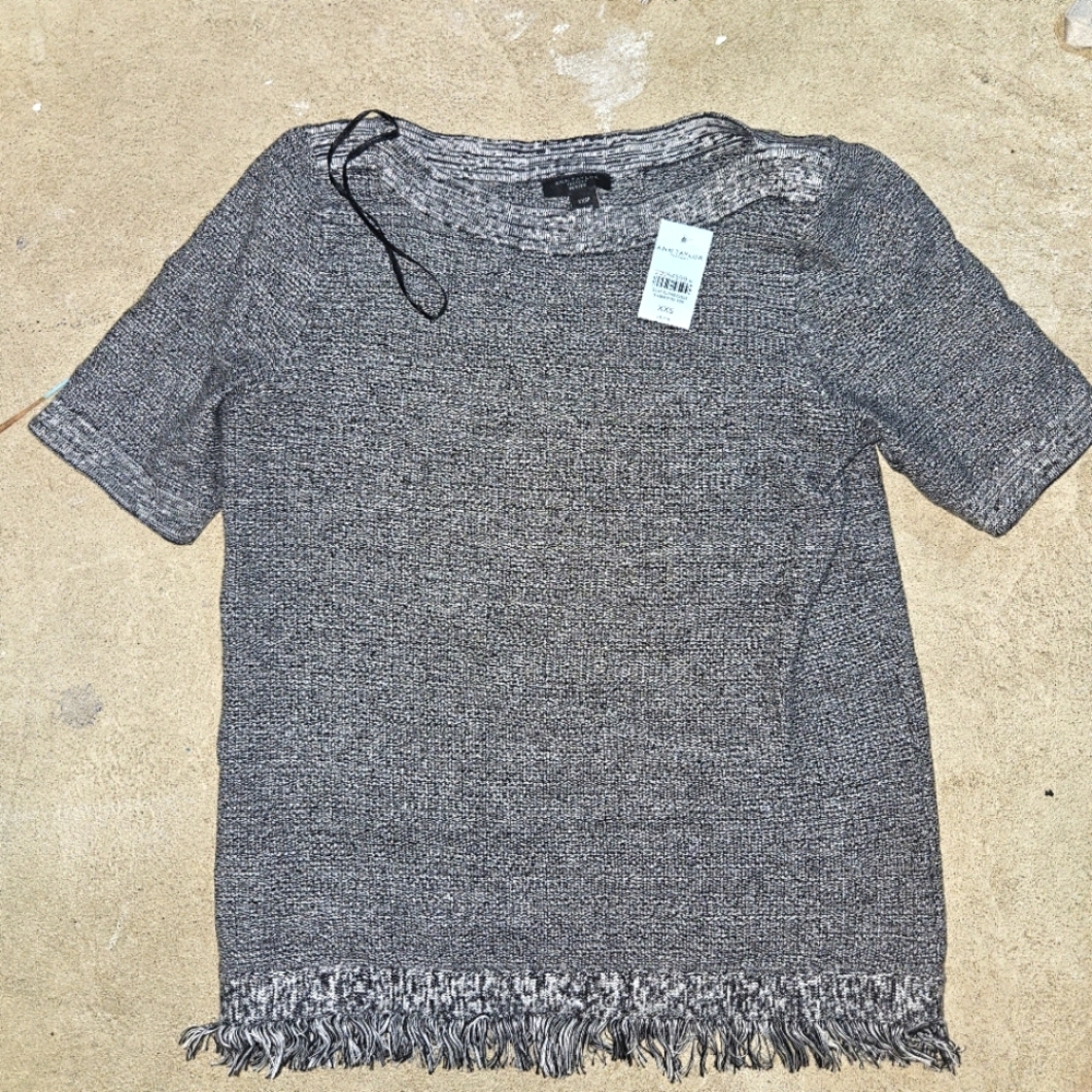 Ann Taylor Factory Petite XXS Heather Gray Sweater Shirt w bottom fringe
